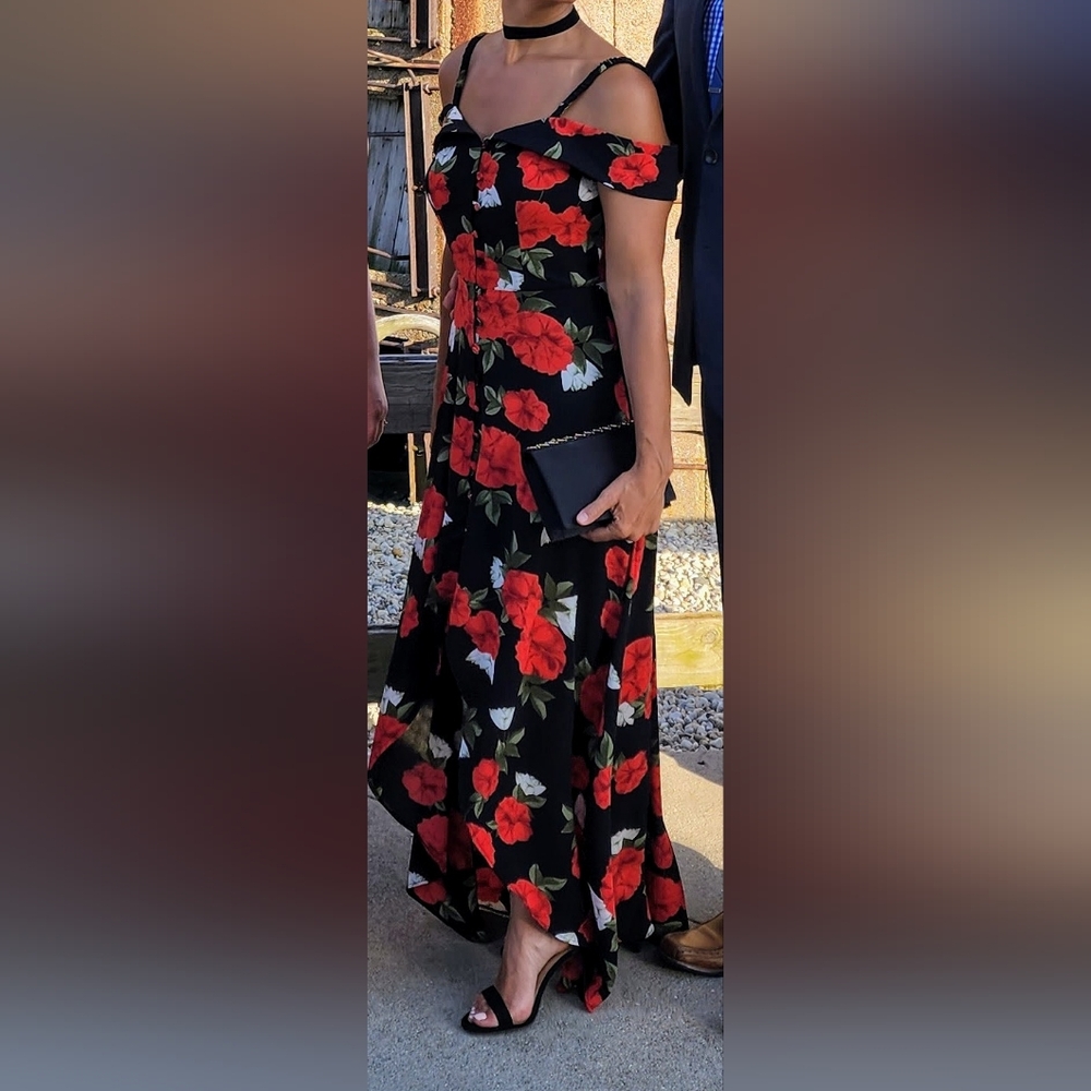 Floral Black Dress with Red and Green Accents